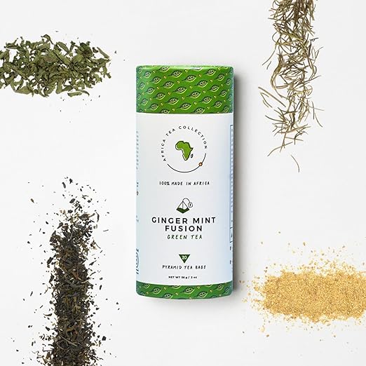 Kazi Yetu - Ginger Mint Fusion - 100% Natural Green Tea Blend - Made with Green Tea, Mint, Ginger - Biodegradable Pyramid Tea Bags - Hot Tea or Cold Brew Tea - Great for Soothing - 20 bags