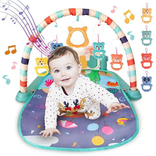 Baby Gym Play Mat, Kick and Play Piano Mat for Infants, Tummy Time Mat Activity Center with Mirror for Newborn Toys 3-6-9 Months(Green)