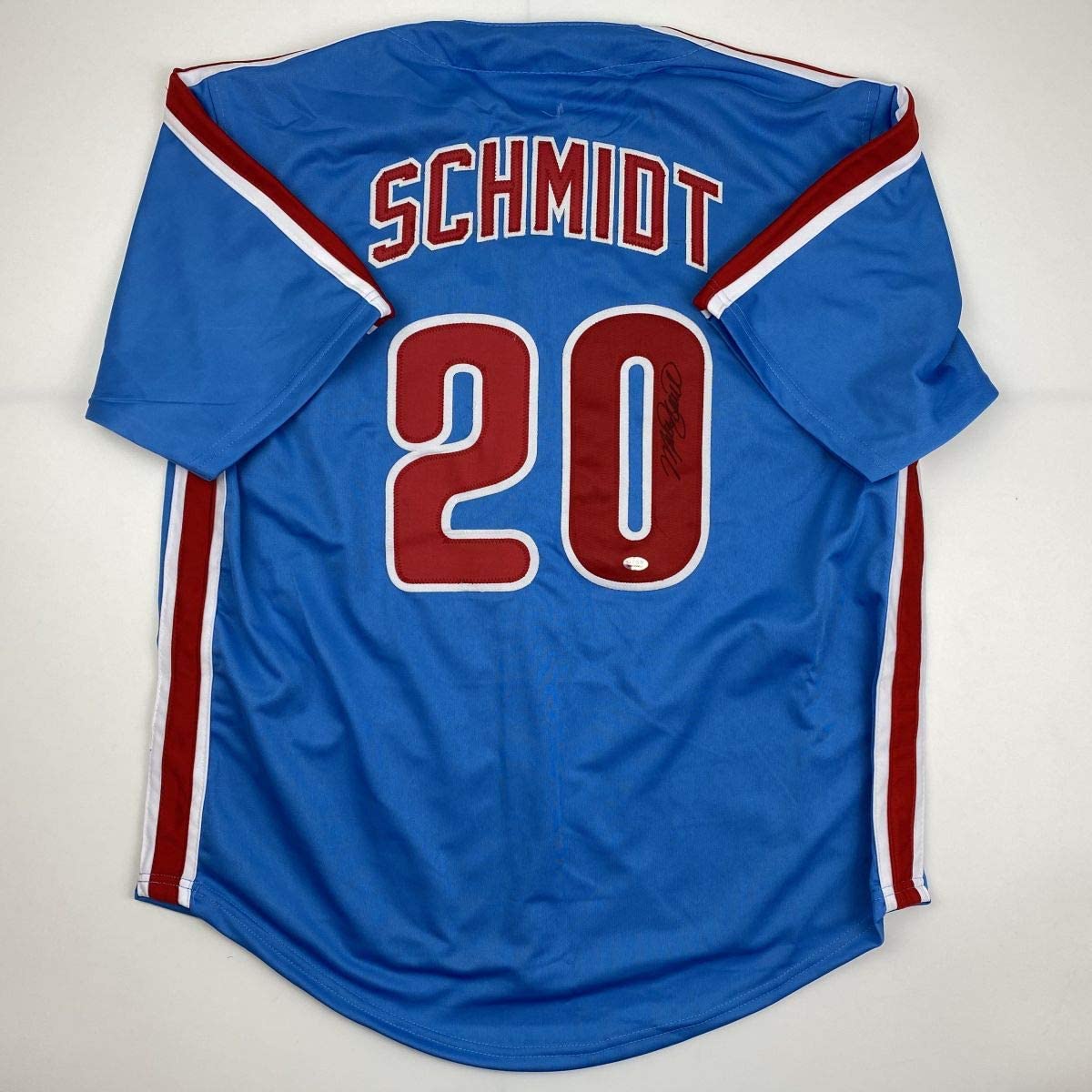 Autographed/Signed Mike Schmidt Philadelphia Retro Blue Baseball Jersey GTSM COA Hologram Only