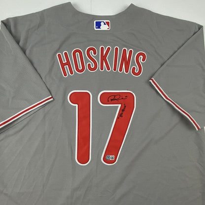 Autographed/Signed Rhys Hoskins Big Fella Philadelphia Grey Baseball Jersey Beckett BAS COA