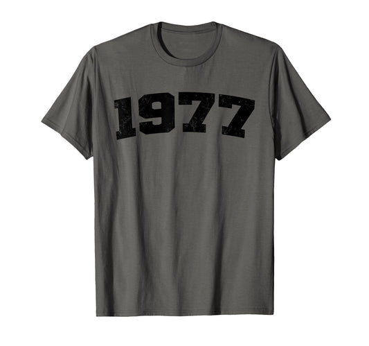 1977 Arched Varsity Distressed T-Shirt - Casual Everyday Wear for Adults