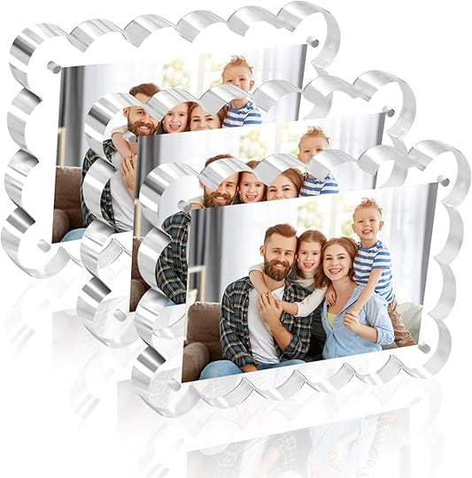 3 Pack 4x6 Acrylic Scalloped Picture Frames - 10+10mm Extra Thicker Double Sided Magnetic Frame, Clear Freestanding Display for Tabletops, Modern Photo Frame Set for Home & Office Decor & Gifts
