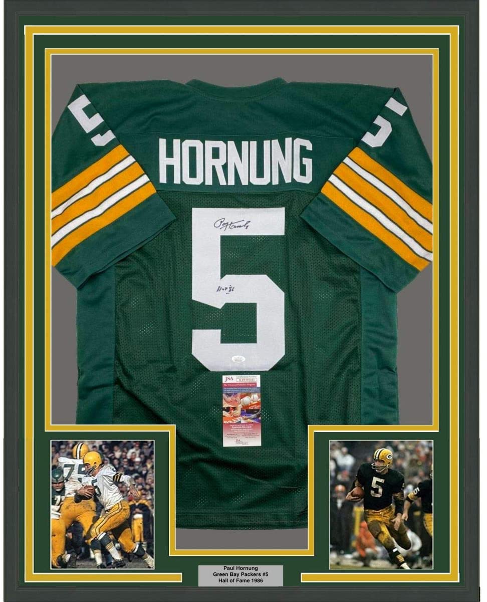 Framed Autographed/Signed Paul Hornung HOF 86 35x39 Green Bay Green Football Jersey JSA COA