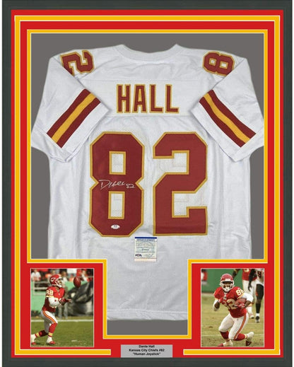 Framed Autographed/Signed Dante Hall 35x39 Kansas City White Football Jersey PSA/DNA COA