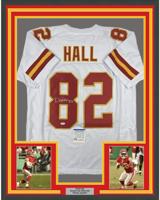 Framed Autographed/Signed Dante Hall 35x39 Kansas City White Football Jersey PSA/DNA COA