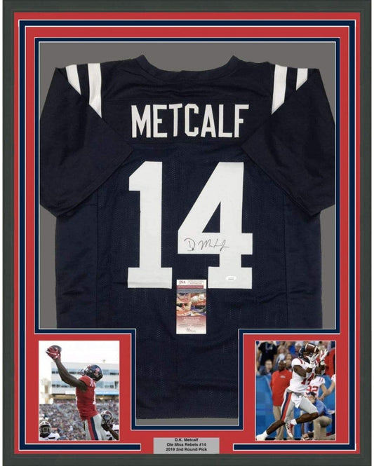 Framed Autographed/Signed DK D.K. Metcalf 35x39 Ole Miss Blue College Football Jersey JSA COA