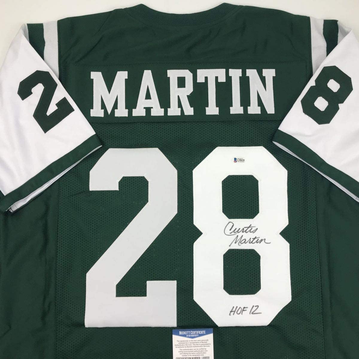 Autographed/Signed Curtis Martin HOF 12 New York Green Football Jersey Beckett BAS COA