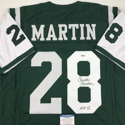 Autographed/Signed Curtis Martin HOF 12 New York Green Football Jersey Beckett BAS COA