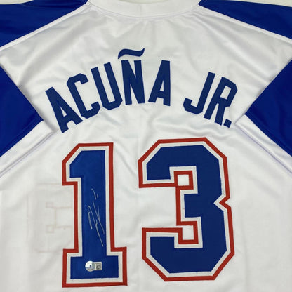 Autographed/Signed Ronald Acuna Jr. Atlanta White Retro Baseball Jersey Beckett BAS COA