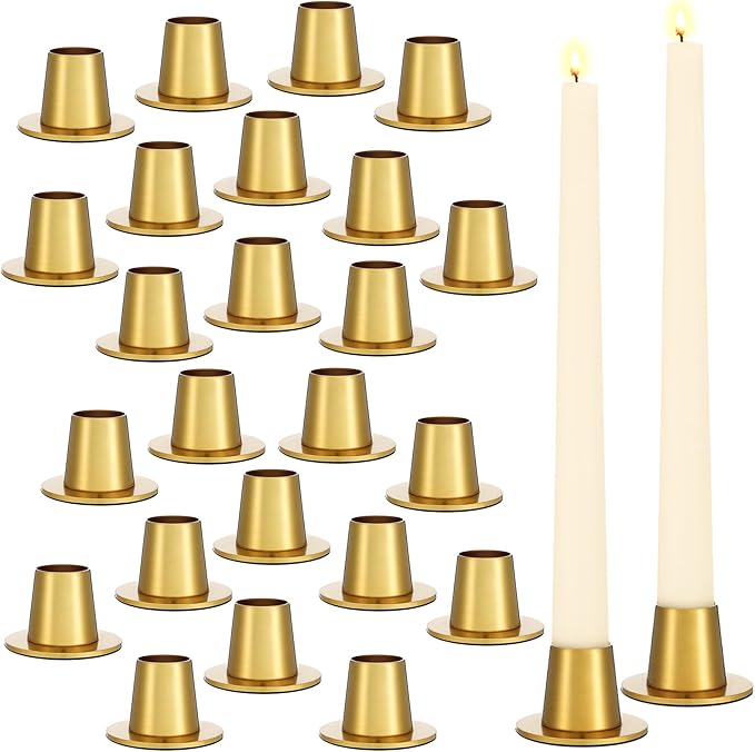 24 Pcs Brass Christmas Candlestick Holder Bulk Minimalist Aged Antique Brass Finish Candlestick Holder for Table Centerpiece Modern Rustic Metal Candlestick Holder for Xmas Holiday Wedding Anniversary