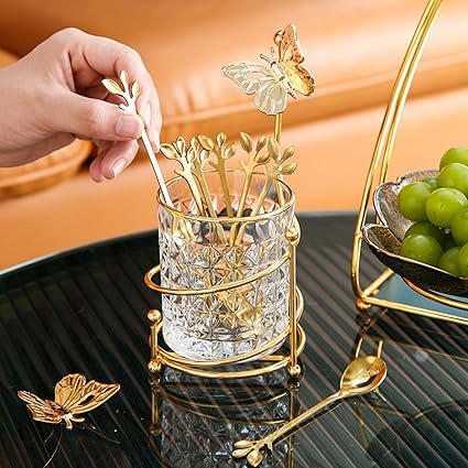 6PCS Coffee Spoons Set with Glass Holder, Small Stainless Steel Gold Tea Spoons, Mini Dessert Spoons Set for Fruit, Stirring, Mixing, Sugar, Ice Cream, Cake (6 x Spoons)