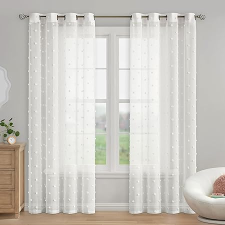 Beauoop Ivory Sheer Window Curtain Panels Embroidered with Pom Pom Nursery Child Window Drapes Elegant Grommet Top Window Treatment for Living Room Bedroom Girls Room, Set of 2, 54" W x 84" L, Linen