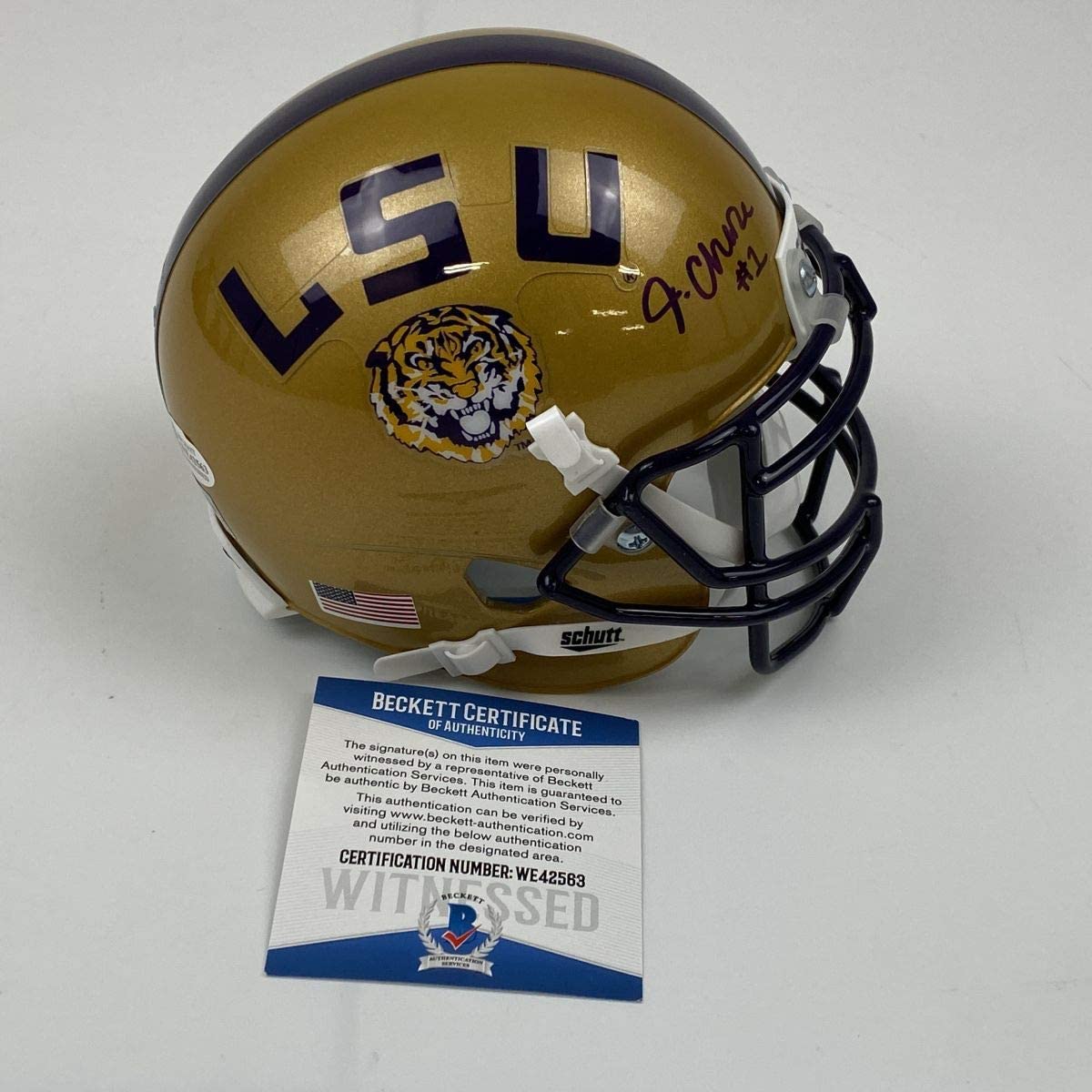 Autographed/Signed Ja'Marr Chase LSU Tigers Gold College Football Mini Helmet Beckett BAS COA