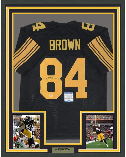 Framed Autographed/Signed Antonio Brown 35x39 Pittsburgh Steelers Color Rush Black Football Jersey Beckett BAS COA