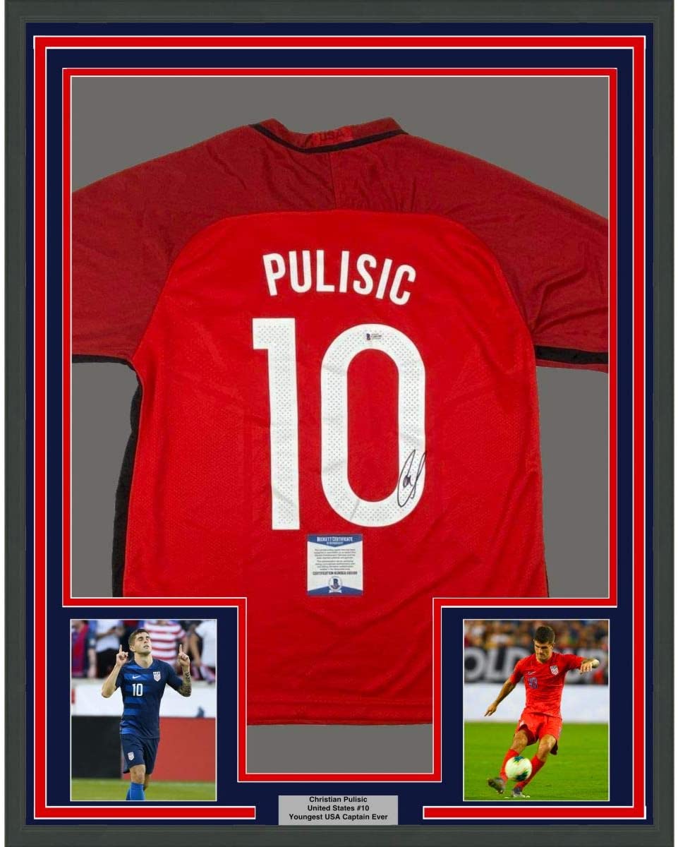 Framed Autographed/Signed Christian Pulisic 35x39 United States USA Red Soccer Jersey Beckett BAS COA