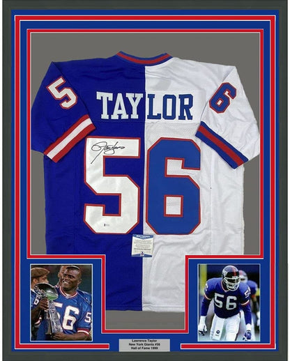 Framed Autographed/Signed Lawrence Taylor 35x39 New York Split Football Jersey Beckett BAS COA