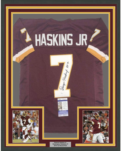 Framed Autographed/Signed Dwayne Haskins Jr. 35x39 Washington Burgundy Football Jersey JSA COA