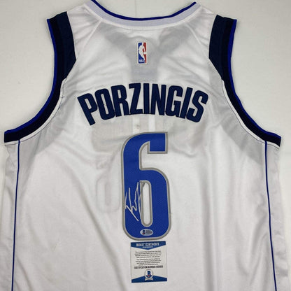 Autographed/Signed Kristaps Porzingis Dallas White Basketball Jersey Beckett BAS COA