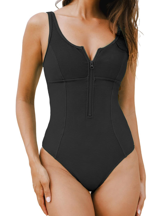 CUPSHE Women's One Piece Swimsuit Tummy Control Bathing Suit Zipper Front Adjustable Straps Ribbed Swimwear M Black