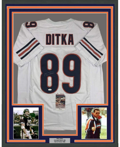 Framed Autographed/Signed Mike Ditka 35x39 Chicago White Football Jersey JSA COA
