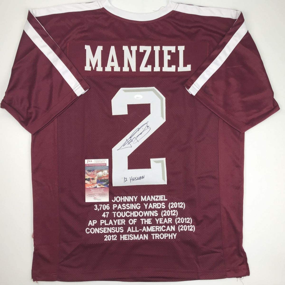 Autographed/Signed Johnny Manziel 12 Heisman Texas A&M Maroon Stat College Football Jersey JSA COA