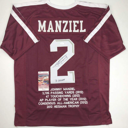 Autographed/Signed Johnny Manziel 12 Heisman Texas A&M Maroon Stat College Football Jersey JSA COA