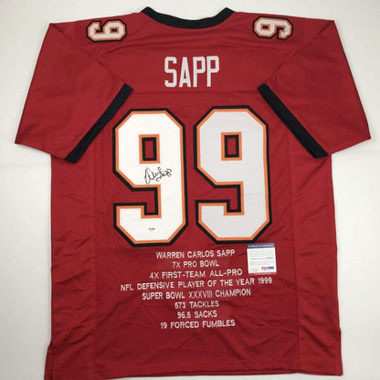 Autographed/Signed Warren Sapp Tampa Bay Red Stat Football Jersey PSA/DNA COA