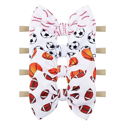 YanJie Baby Girls Hairband - Set of 4 pcs Football, Basketball, Soccer, Rugby Nylon Baby Headbands for 0-6 Months Newborn Infant Toddler - 4 Count Pack