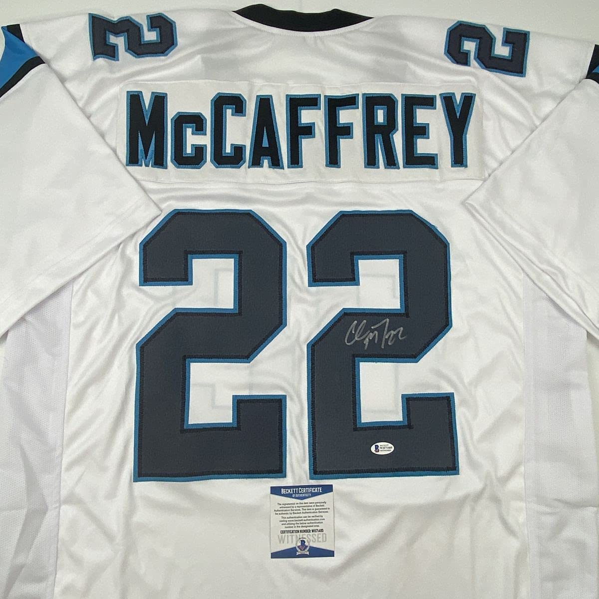 Autographed/Signed Christian McCaffrey Carolina White Football Jersey Beckett BAS COA