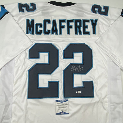 Autographed/Signed Christian McCaffrey Carolina White Football Jersey Beckett BAS COA