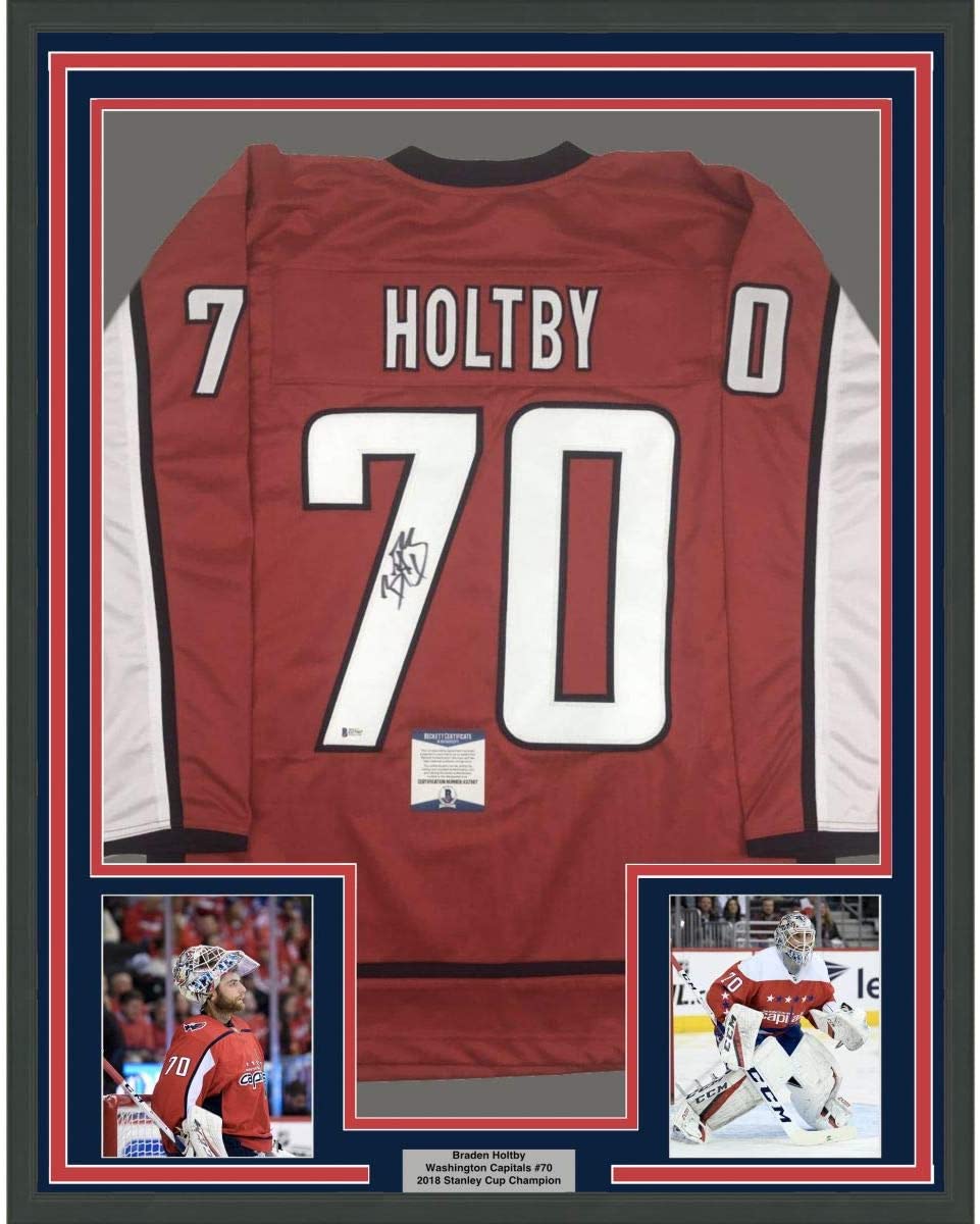Framed Autographed/Signed Braden Holtby 35x39 Washington Red Hockey Jersey Beckett BAS COA