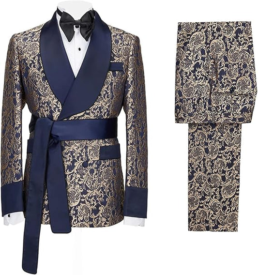 2 Piece Dinner Paisley Tuxedo Suit Double Breasted Shawl Lapel Blazer Jacket with Belt Pants Sets for Wedding Prom