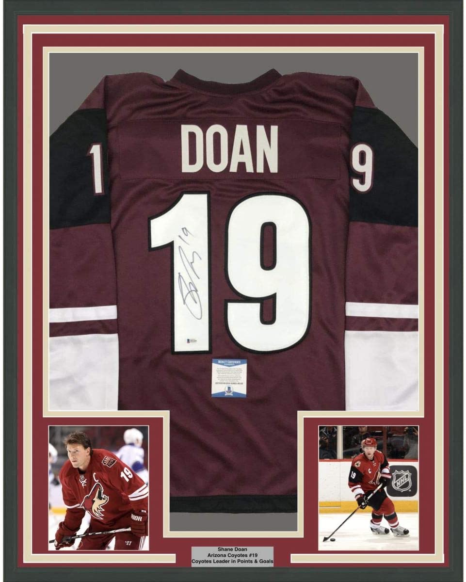 Framed Autographed/Signed Shane Doan 35x39 Arizona Maroon Hockey Jersey Beckett BAS COA