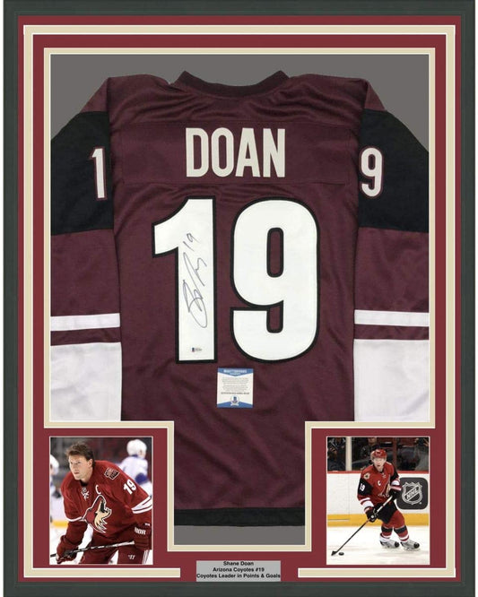 Framed Autographed/Signed Shane Doan 35x39 Arizona Maroon Hockey Jersey Beckett BAS COA