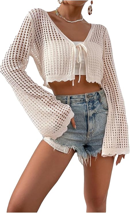 SHENHE Women's Tie Front Tops Bell Long Sleeve Knit Crochet Cardigan Crop Top