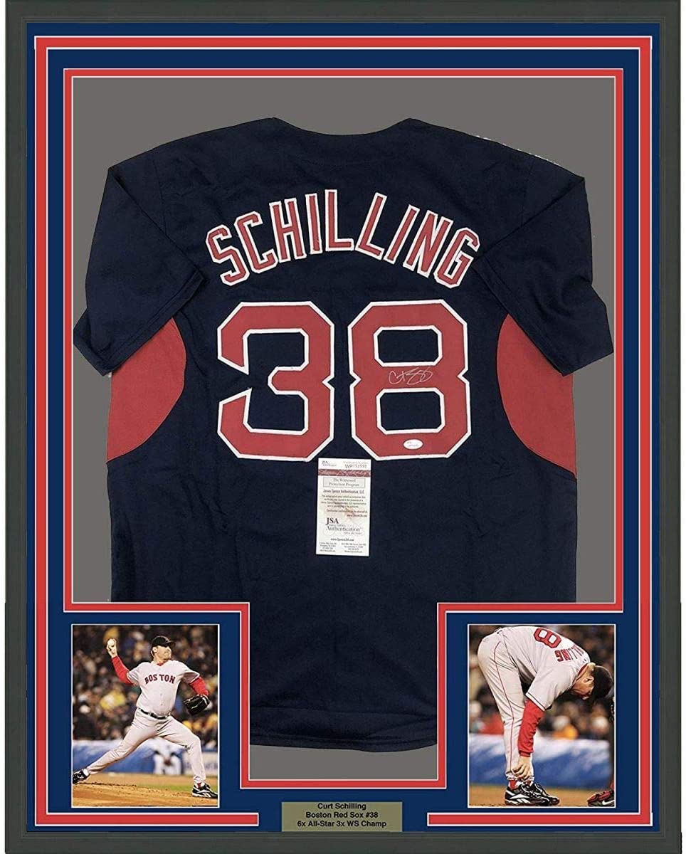 Framed Autographed/Signed Curt Schilling 35x39 Boston Blue Baseball Jersey JSA COA