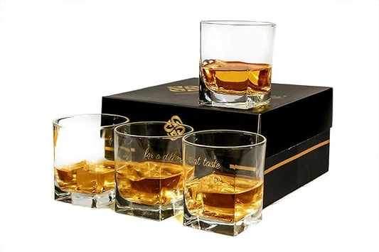 Crystal Whiskey Glasses Set of 4, Luxury Gift box set for Men, Old Fashioned 10.5 Oz Heavy Base, Bourbon Scotch Cognac Cocktail Whisky Gin Rum Liqueur Drinking Lowball Rock Tumbler Barware set