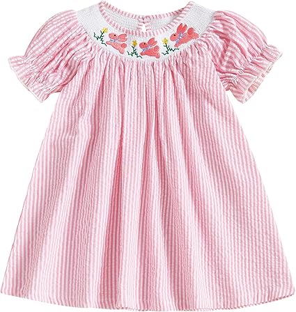 Aopwsrlyi Toddler Baby Girl Easter Outfit Cute Bunny Embroidery Smocked Bubble Romper Dress Puff Short Sleeves Bodysuit