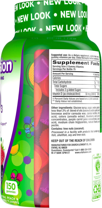 Vitafusion Vitamin D3 Gummy Vitamins for Bone and Immune System Support, Peach, Blackberry and Strawberry Flavored, 50 mcg Vitamin D, America’s Number 1 Gummy Vitamin Brand, 75 Day Supply, 150 Count