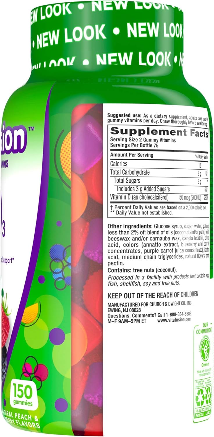 Vitafusion Vitamin D3 Gummy Vitamins for Bone and Immune System Support, Peach, Blackberry and Strawberry Flavored, 50 mcg Vitamin D, America’s Number 1 Gummy Vitamin Brand, 75 Day Supply, 150 Count