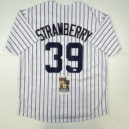 Autographed/Signed Darryl Strawberry New York Pinstripe Baseball Jersey JSA COA