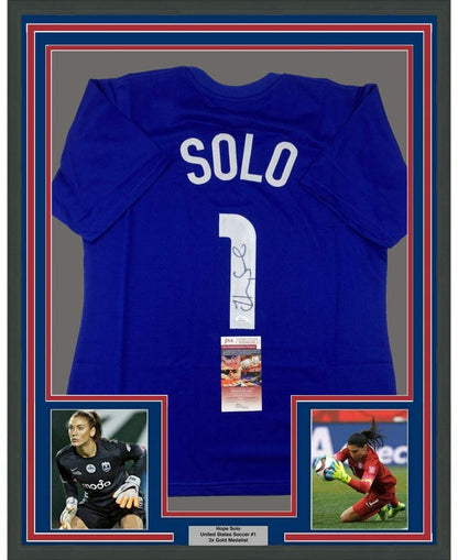 Framed Autographed/Signed Hope Solo 35x39 United States USA Blue Soccer Jersey JSA COA