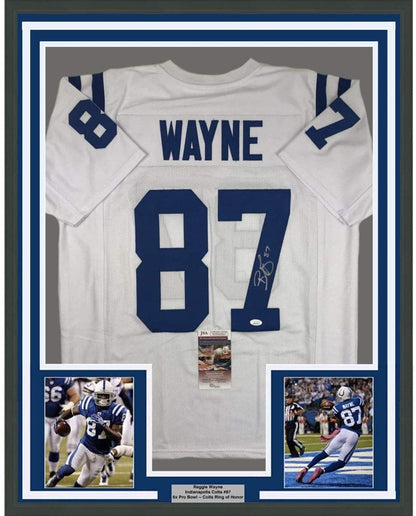 Framed Autographed/Signed Reggie Wayne 35x39 Indianapolis White Football Jersey JSA COA