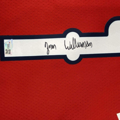 Framed Autographed/Signed Zion Williamson 35x39 New Orleans Pelicans Red Swingman Jordan Basketball Jersey Fanatics COA
