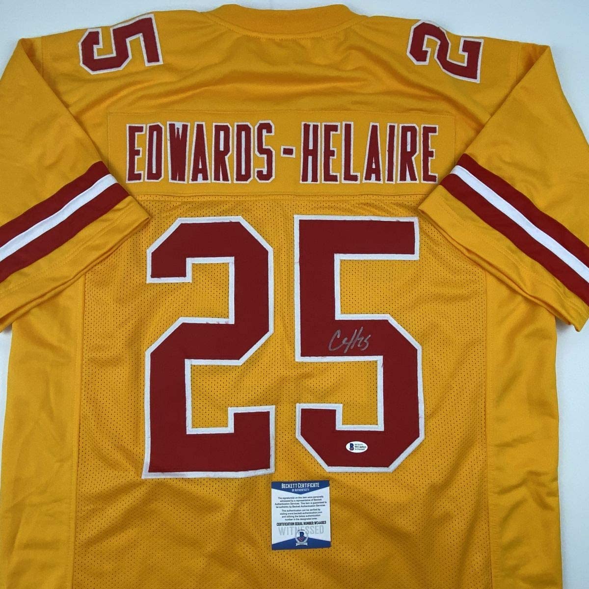 Autographed/Signed Clyde Edwards-Helaire Kansas City Yellow Football Jersey Beckett BAS COA