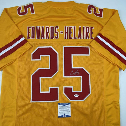 Autographed/Signed Clyde Edwards-Helaire Kansas City Yellow Football Jersey Beckett BAS COA