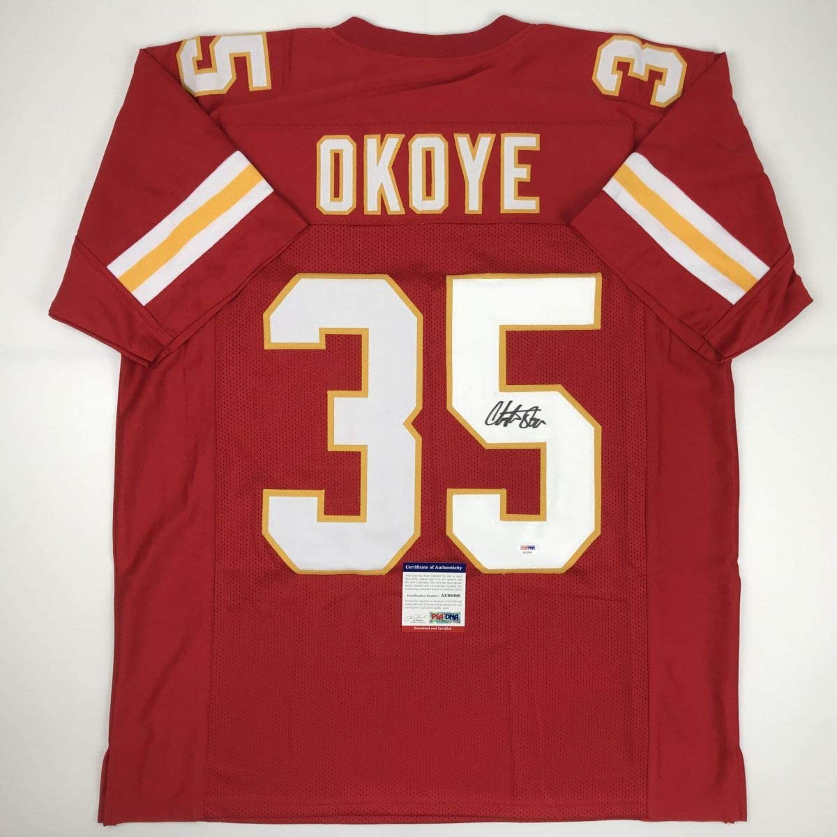 Autographed/Signed Christian Okoye Kansas City Red Football Jersey PSA/DNA COA