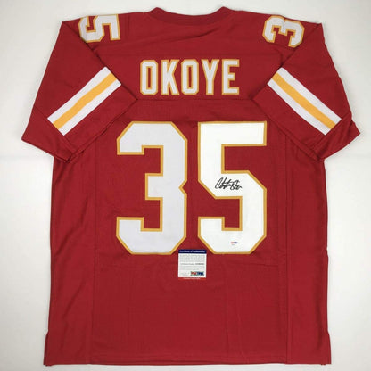 Autographed/Signed Christian Okoye Kansas City Red Football Jersey PSA/DNA COA