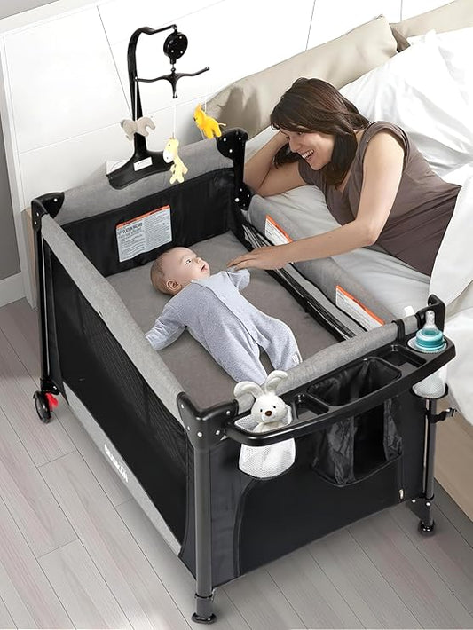 Baby Bassinet, Pack and Play with Bassinet, Bassinet Bedside Sleeper with Diaper Changer, Mosquito Net, Music Box, Portable Crib with One-Click Installation, Playard for Newborn to Toddlers