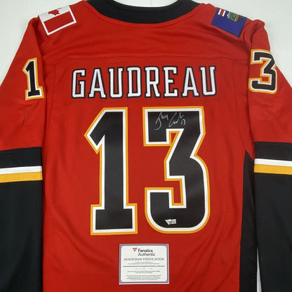 Autographed/Signed Johnny Gaudreau Calgary Flames Red Hockey Jersey Fanatics COA